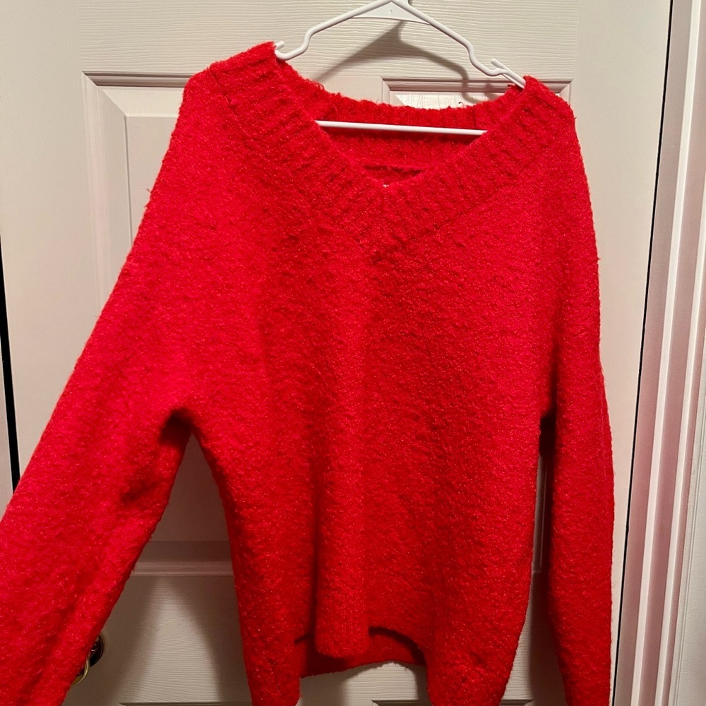 Aerie Red Fuzzy V-Neck Sweater Size L - Picture 2 of 5